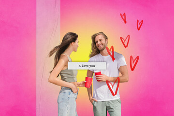 Composite collage picture image of young couple talk party crush valentine day love dating concept...
