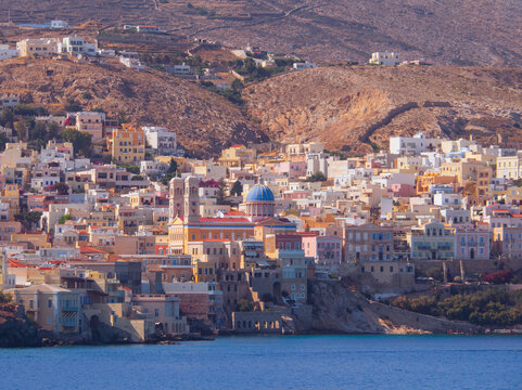 Panoramic View from the sea to the Ermoupolis city of Syros island in Greece