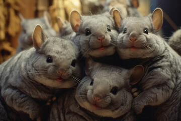 A close-knit group of chinchillas sharing chuckles, offering a heartwarming and humorous element for creative content.
