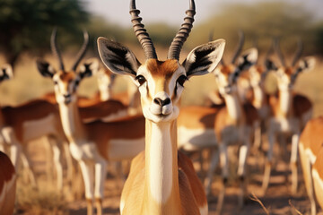 A group of gazelles with grinning expressions, ideal for conveying a light-hearted and spirited atmosphere in visual content. - obrazy, fototapety, plakaty