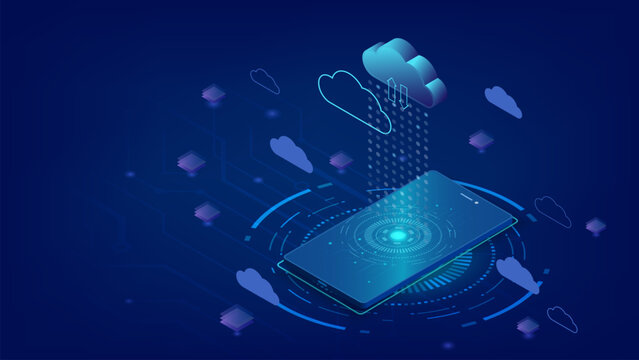 Tech cloud isometric smartphone. Digital smartphone system design, Concept of cloud computing and cloud storage. Technology background.
