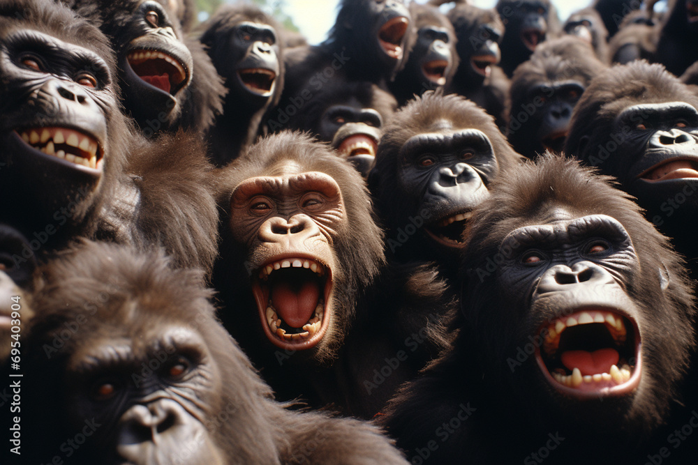Poster a gathering of gorillas with gleeful expressions, ready to bring a sense of joy and humor to a varie