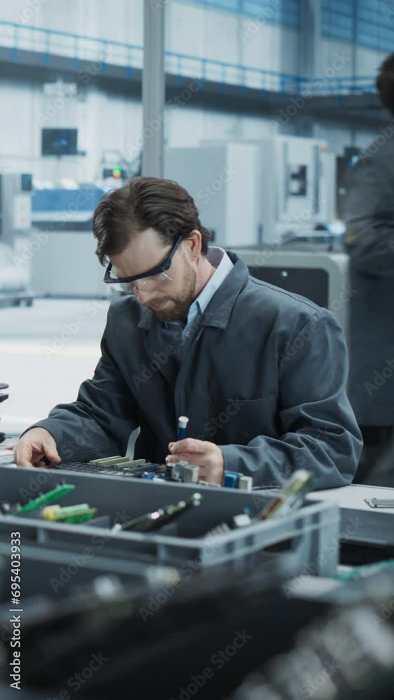 Aufkleber Vertical Screen: Caucasian Male Worker Disassembling Old Laptops To Recycle Electronic Components For Sustainable Computer Production At Electronics Factory. Man Unscrewing Keyboards And Sorting Them.