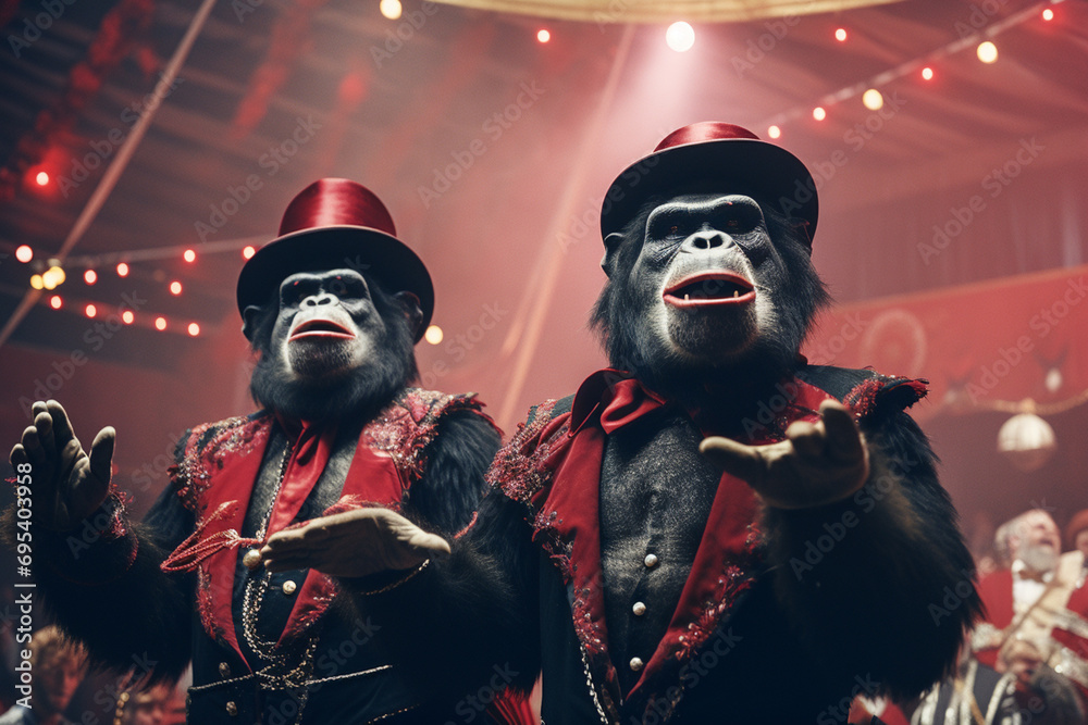 Poster A circus scene featuring chuckling chimpanzees, ready to add humor and vibrancy to a range of visual projects.
