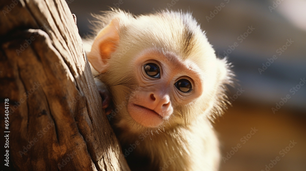 Poster A cute capuchin monkey caught in a moment of curiosity, offering an endearing and charming image for diverse visual applications.