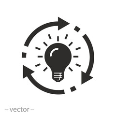 light bulb with circle arrows icon, idea implementation process, clean energy recycling, line symbol on white background - vector illustration