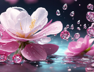 beautiful cherry pink flower with 3d water drop