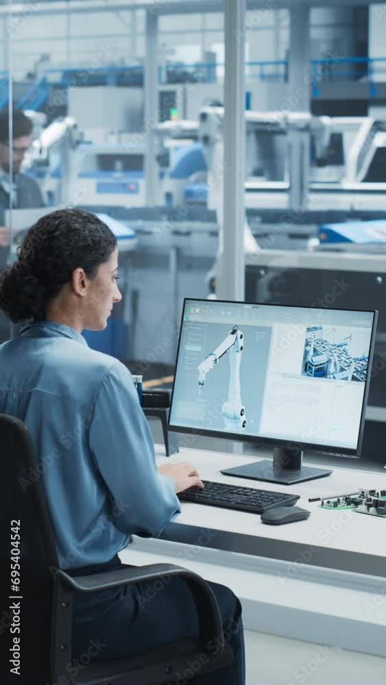 Fototapete Vertical Screen: Hispanic Female Automation Engineer Using Desktop Computer to Control Automated Production With Robotic Arms On Modern Electronics Factory. Woman Adjusting Autonomous Assembly Line.