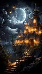 Halloween background with haunted castle and stairs at night, illustration.