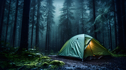 Raindrops on the Tent in the Enchanting Forest, A Serene Backdrop for Relaxation and Cozy Ambiance