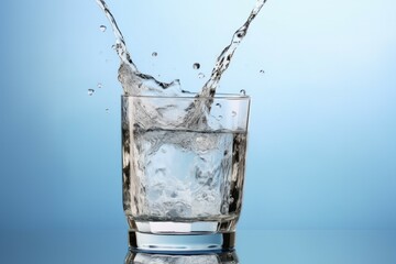 water splash in glass on baby blue background