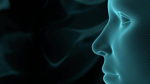 human face in profile, close-up, sci-fi style, dark background, 3d rendering