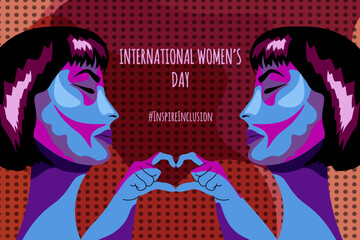 Design banner with avatar Woman portrait with symbol Inspire Inclusion. Internation Women's Day poster template in trendy Y2K style. Vector illustration can used web and social media banner, card