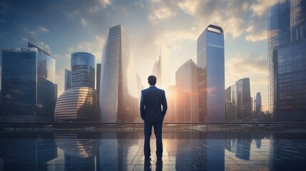 Cityscape Confidence: Businessman Embracing Modern Life by Skyscraper