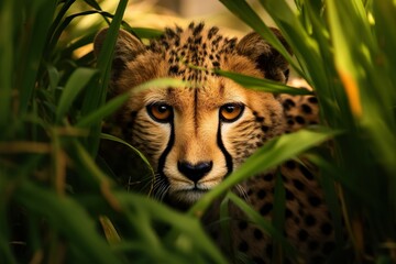 Leopard sneaking through the tall green grass, close-up image of the animal in its natural environment