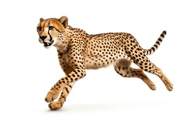 A cheetah, leopard, leaping naturally. White background photo, Idea of fastness, advancement, Going ahead.