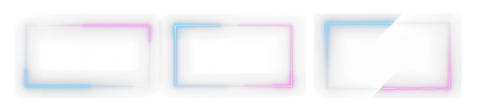 Set of Square rectangle picture frame with two tone neon color motion graphic on isolated black background. Blue and pink light moveing for overlay element. 3D illustration rendering. 