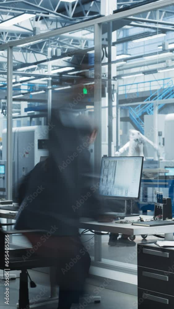 Fototapete Vertical Screen: Timelapse of Automated Electronics Factory With Robotic Arms: Diverse Engineers, Assembly Line Workers, And Managers Working On Production Line Of Circuit Boards For High-Tech Devices