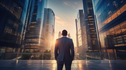 Cityscape Confidence: Businessman Embracing Modern Life by Skyscraper - obrazy, fototapety, plakaty