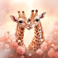 Illustration of tender animal love with baby giraffes cuddling on a pastel background for Valentine's Day, - obrazy, fototapety, plakaty