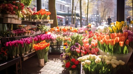 Flowers at the flower market in Moscow, Russia. Panorama