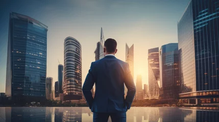 Foto op Plexiglas Cityscape Confidence: Businessman Embracing Modern Life by Skyscraper © ic36006