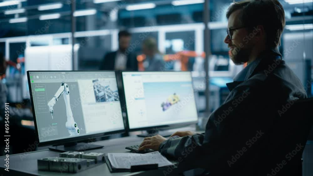 Aufkleber Caucasian Male Assembly Line Operator Controlling Autonomous Conveyor With Robotic Arms At Modern Electric Engine Factory. Man Using Desktop Computer To Adjust Automated Production System.