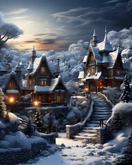 Fantasy winter fairy tale scene with old wooden houses and trees.