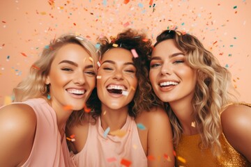 Three beautiful young women in shiny dresses, confetti from their palms isolated over peach fuzz background