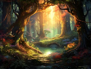 Fantasy forest with tree and lake - Illustration for children.