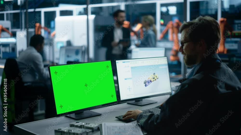 Aufkleber Caucasian Male Engineer Controlling Autonomous Conveyor With Robotic Arms At Electric Engine Factory. Man Using Desktop Computer With Green Screen Chromakey On Display To Adjust Automated Production