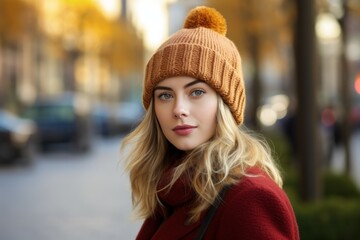 Fashion winter portrait beautiful young woman wearing a hat over snow