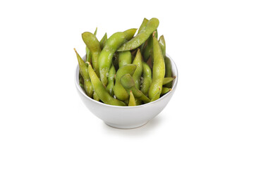 Edamame in pod with Himalayan pink salt, isolated on white background
