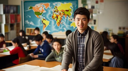 Confident student standing in front of a world map in a classroom.