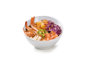Poke bowl with shrimp, crispy onion, edamame, salmon, cabbage, feta, pineapple isolated on white background