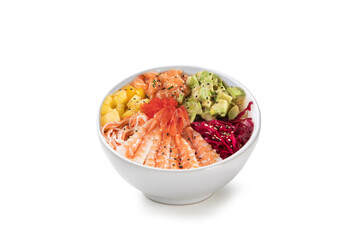 Poke bowl with shrimp, pineapple, salmon, avocado, turnip, and surimi isolated on white background