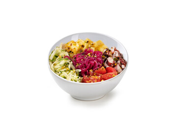 Poke bowl with octopus, cherry tomatoes, zucchini, pineapple, and onion isolated on white background