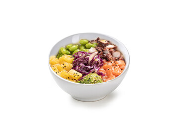 Poke bowl with octopus, salmon, avocado, pineapple, edamame, and cabbage isolated on white background