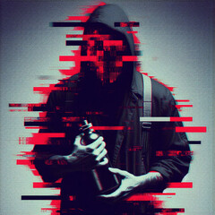 A digital art of a human figure in dark clothing, whose face is hidden by a red glitch effect.