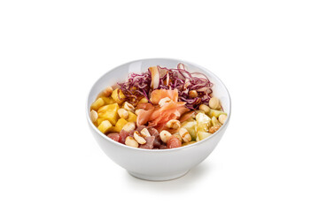 Poke bowl with tuna, pickled ginger, pineapple, cabbage, cashews, cucumber isolated on white background