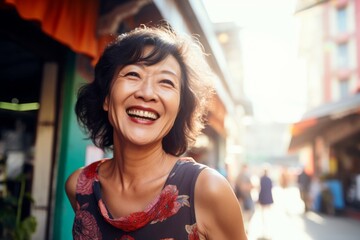 Portrait of a joyful asian woman in her 50s dressed in a breathable mesh vest against a vibrant market street background. AI Generation