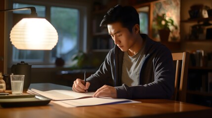 A focused Asian man studying at a desk with a lamp, surrounded by the cozy ambiance of a dimly lit room