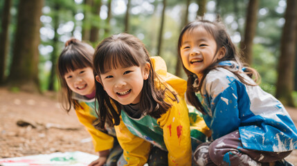 青空の下の森の中、大きな上に絵を描いて服に絵の具がついているけど楽しそうに笑顔の日本人の女の子3人