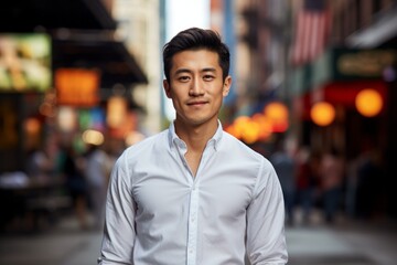 Fototapeta premium Portrait of a tender asian man in his 20s sporting a technical climbing shirt against a vibrant market street background. AI Generation