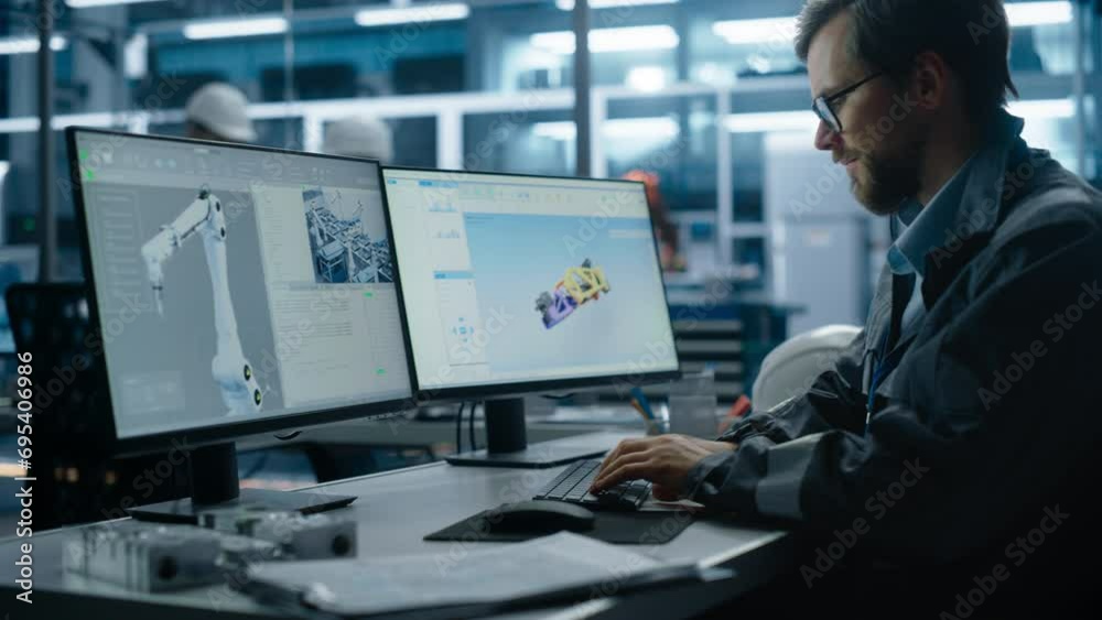 Poster modern factory office: caucasian male industrial engineer using desktop computer to adjust autonomou