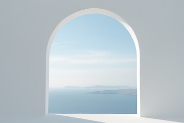  a view of a body of water through an arch in the wall of a room with a view of the ocean and a cliff in the distance is a blue sky.
