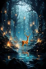 Poster Fantasy landscape with a deer in a dark forest. 3d rendering © Iman