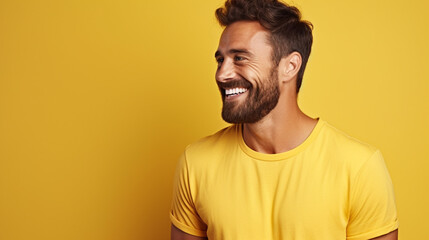 Obraz premium Handsome man with beard wearing casual yellow tshirt over yellow background looking away to side with smile on face, natural expression. laughing confident.