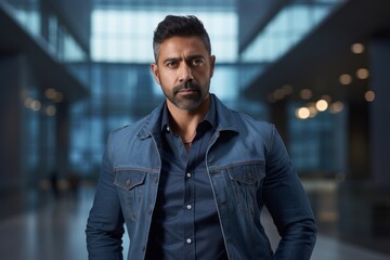 Fototapeta premium Portrait of a content indian man in his 40s sporting a rugged denim jacket against a sophisticated corporate office background. AI Generation