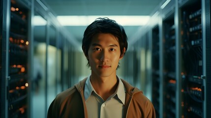 A young Asian man stands thoughtfully in a server room filled with data processing equipment